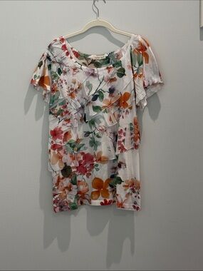 indigo soul White Floral Ruffle Short Sleeve Top with Orange & Pink Flowers